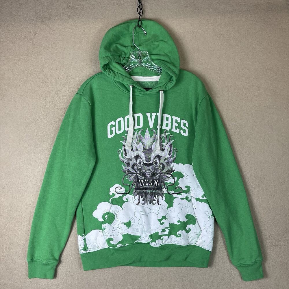 Blind Rooster Hoodie Mens S Green Good Vibes Dragon Graphic‎ Pullover Sweatshirt